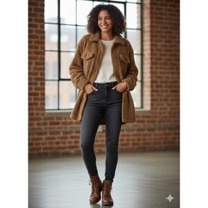 Woman Within Brown Sherpa Fleece Shacket Jacket Women's Size 28W Button Up Heavy